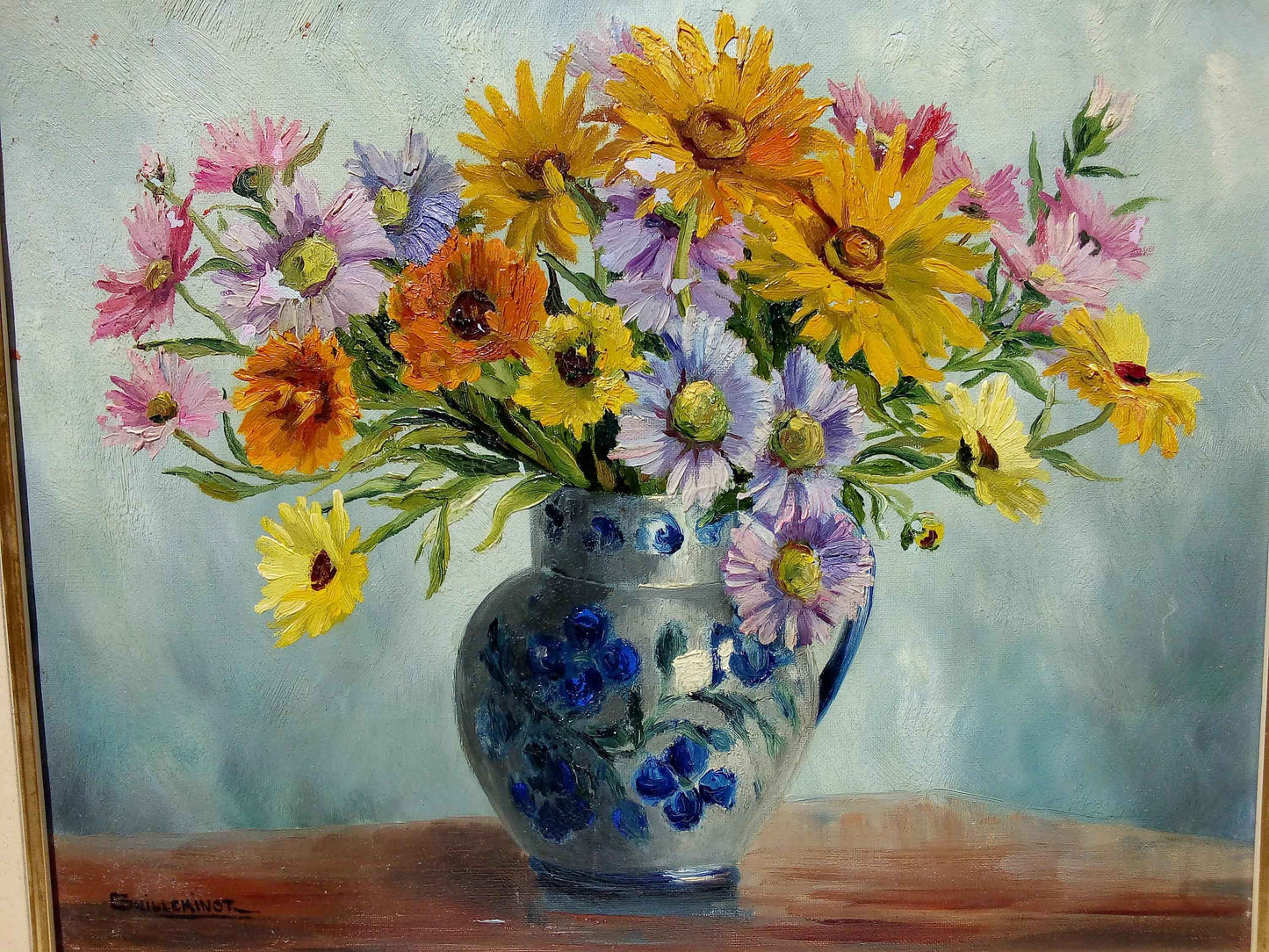 Peinture signée GUILLEMINOT fleurs - Huile sur toile, bouquet lumineux et coloré