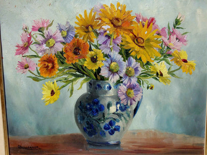 Peinture signée GUILLEMINOT fleurs - Huile sur toile, bouquet lumineux et coloré
