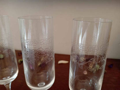 Flûtes à champagne gravées cristal d'Arques Matignon années 70 - Ensemble de 6 pièces