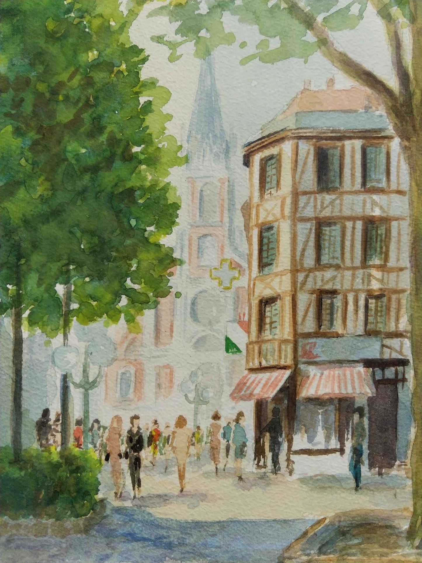 Aquarelle Place St Sever Rouen - Art unique de Normandie