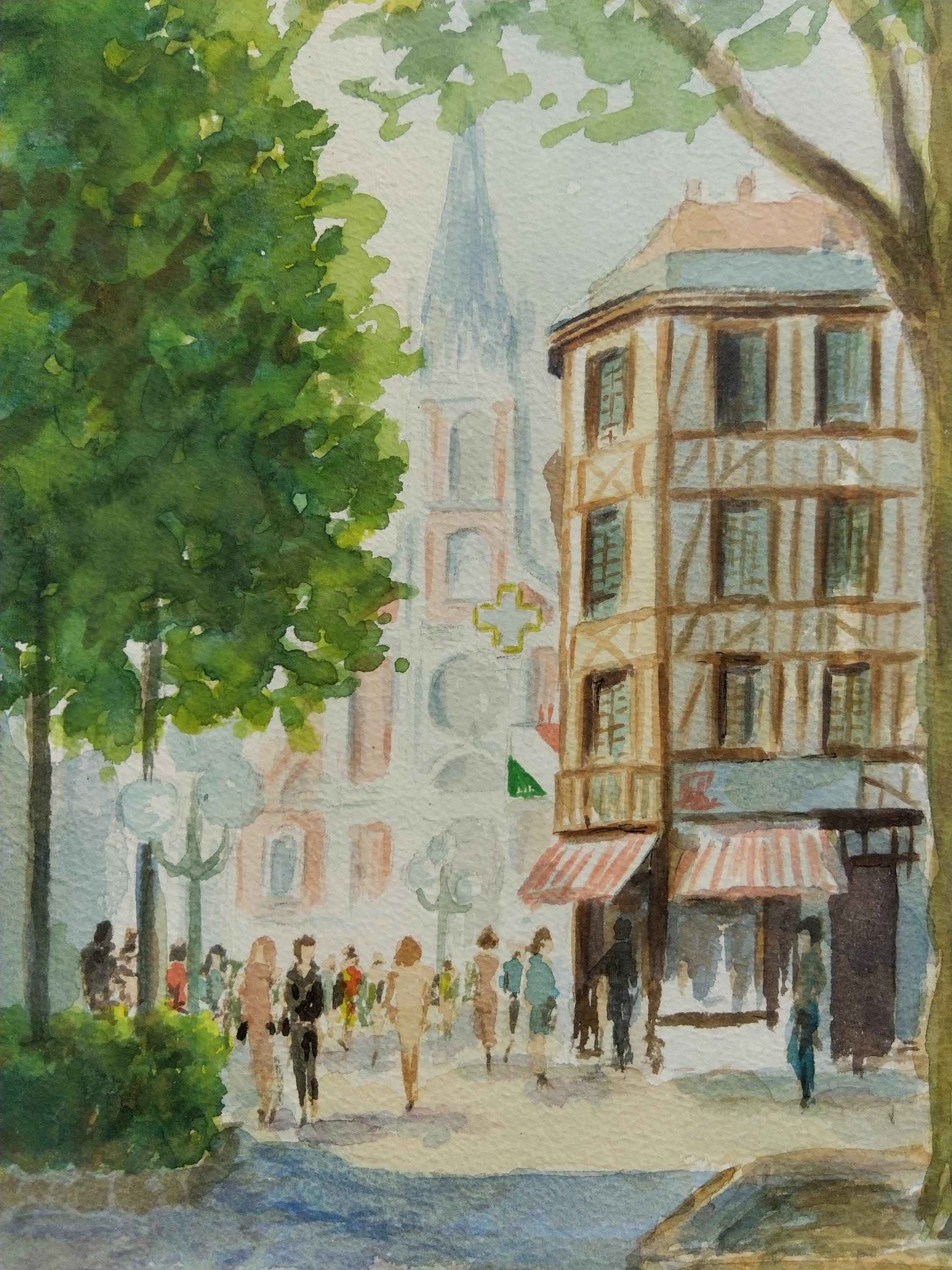 Aquarelle Place St Sever Rouen - Art unique de Normandie