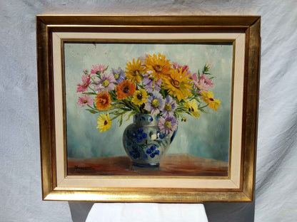 Peinture signée GUILLEMINOT fleurs - Huile sur toile, bouquet lumineux et coloré