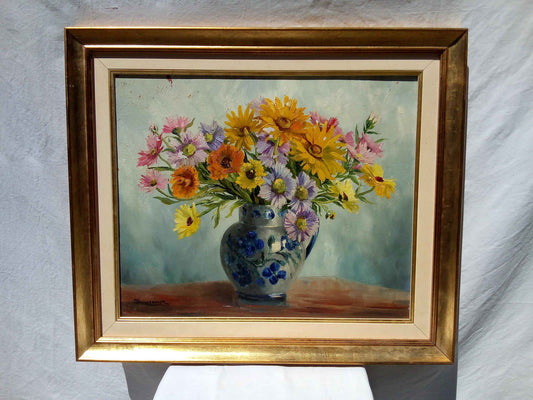 Peinture signée GUILLEMINOT fleurs - Huile sur toile, bouquet lumineux et coloré