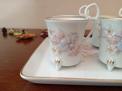 6 tasses en porcelaine de Limoges avec plateau, filet peint à la main - Ensemble élégant pour café ou thé