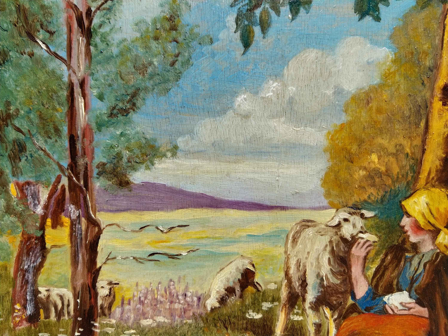 Peinture à l'huile MUDEL 1940, œuvre vintage de bergère et moutons