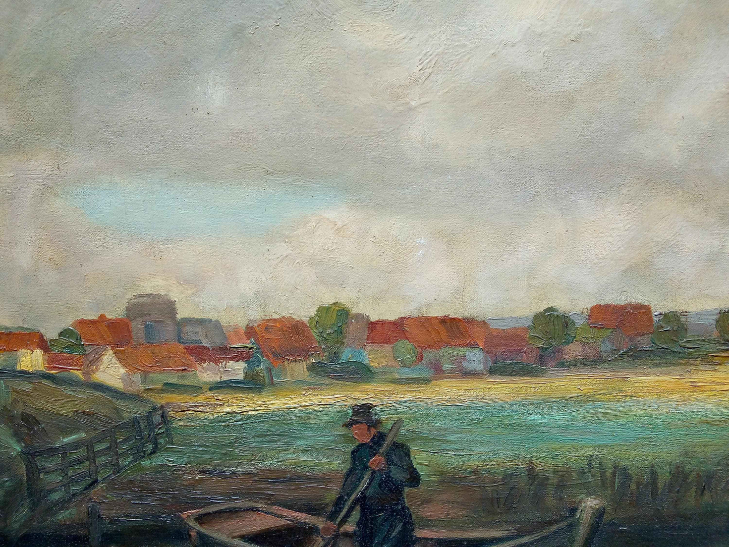 Peinture à l'huile Moulin Flamand et pêcheur début 20ème avec cadre d'époque élégant