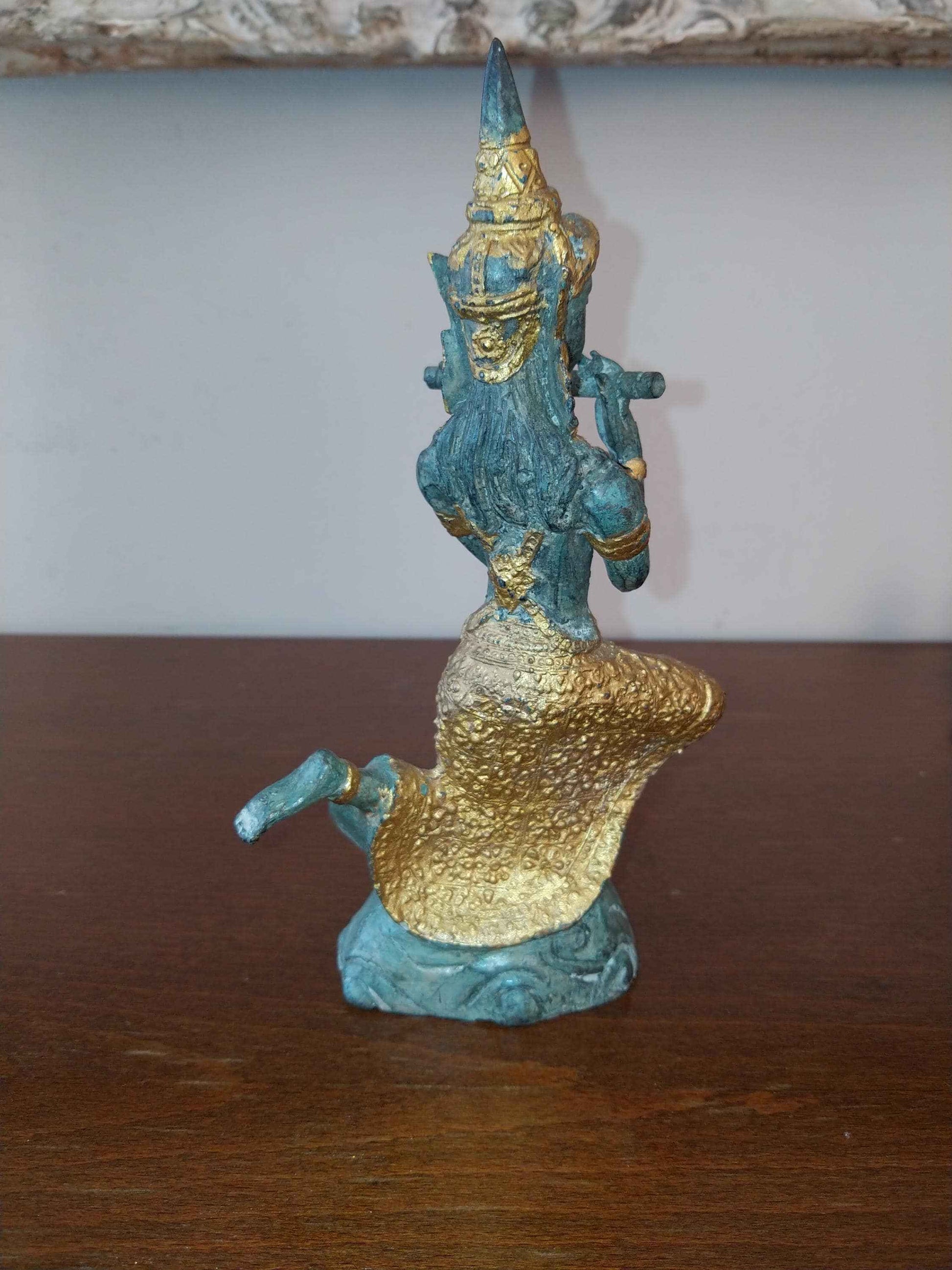 Statue de Prince Pra Apai Manee en bronze véritable avec patine verte antique