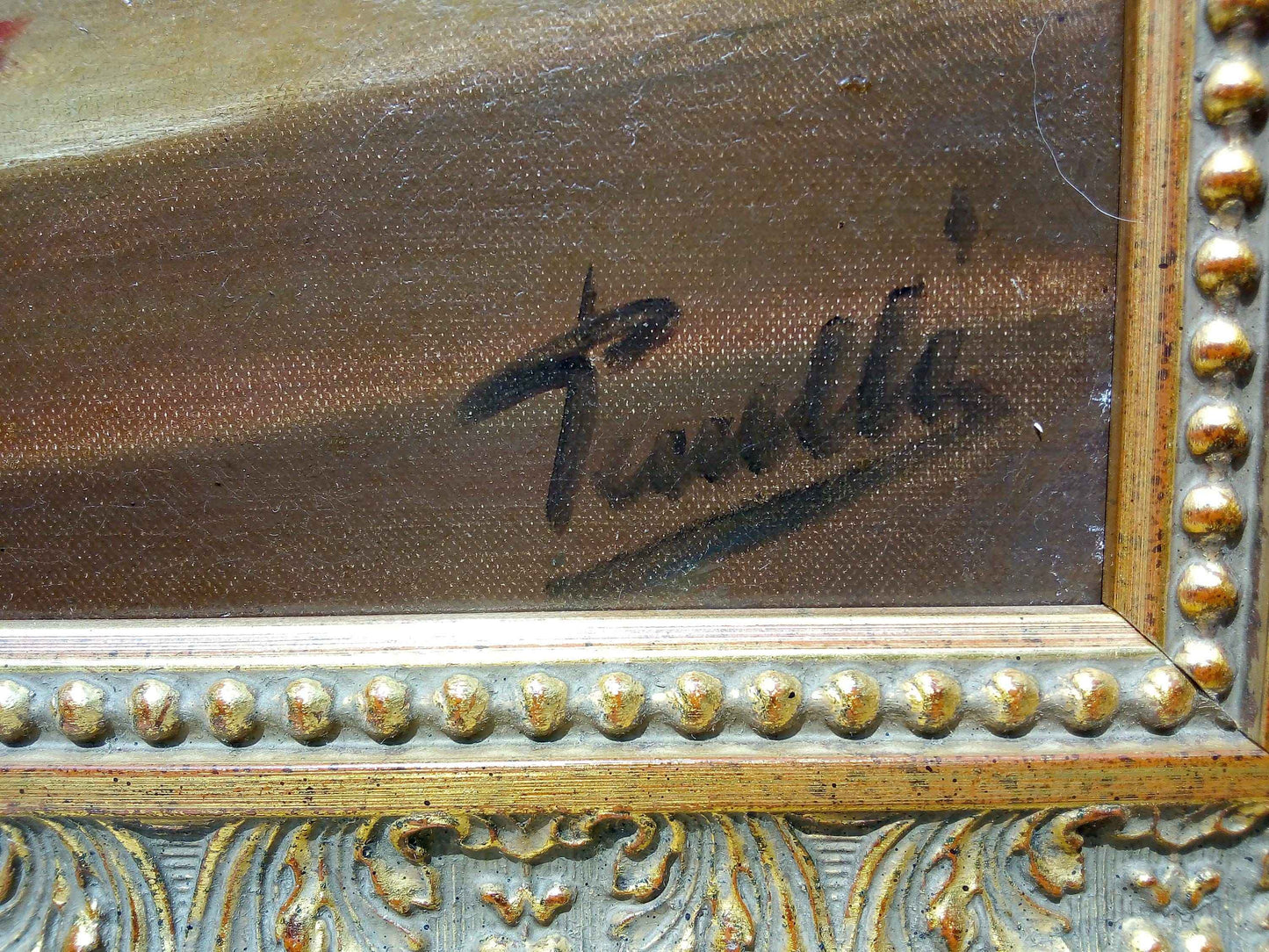 Peinture à l'huile 19ème siècle lapin avec toile signée PIRRELLI et cadre doré élégant