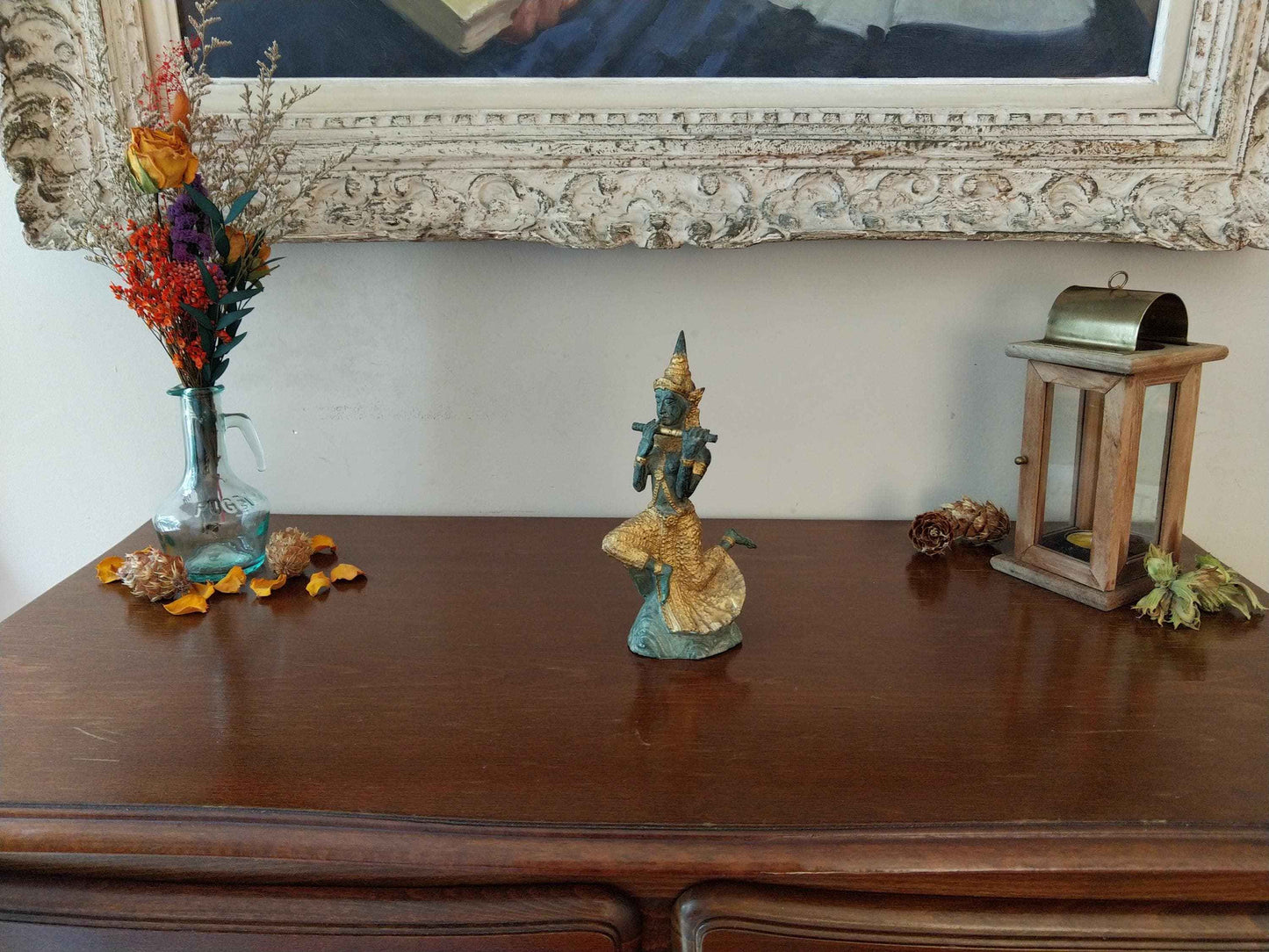 Statue de Prince Pra Apai Manee en bronze véritable avec patine verte antique