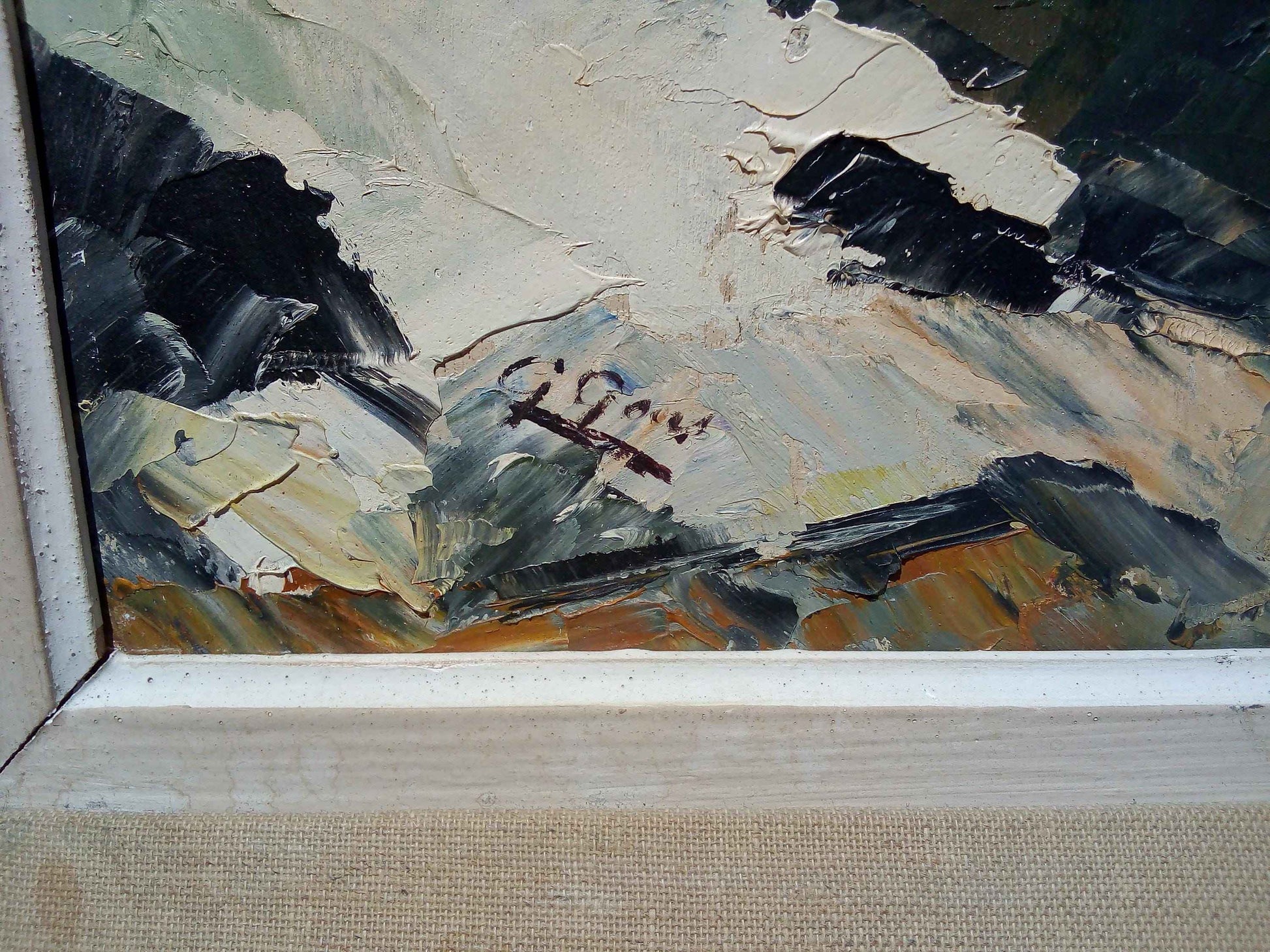 Peinture à l'huile G. GOAS paysage neige, tableau d'artiste français des années 1950