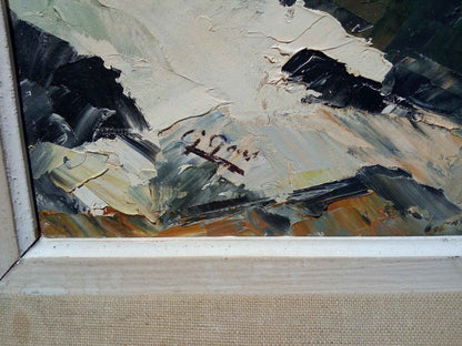 Peinture à l'huile G. GOAS paysage neige, tableau d'artiste français des années 1950