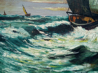 Peinture à l'huile régate marine J.HOBOOET - Œuvre hollandaise encadrée du milieu 20ème siècle