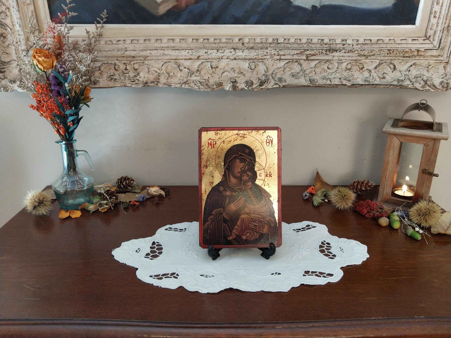 Icône byzantine dorée Sainte Vierge Marie avec l'Enfant Jésus, artisanale et unique en feuille d'or