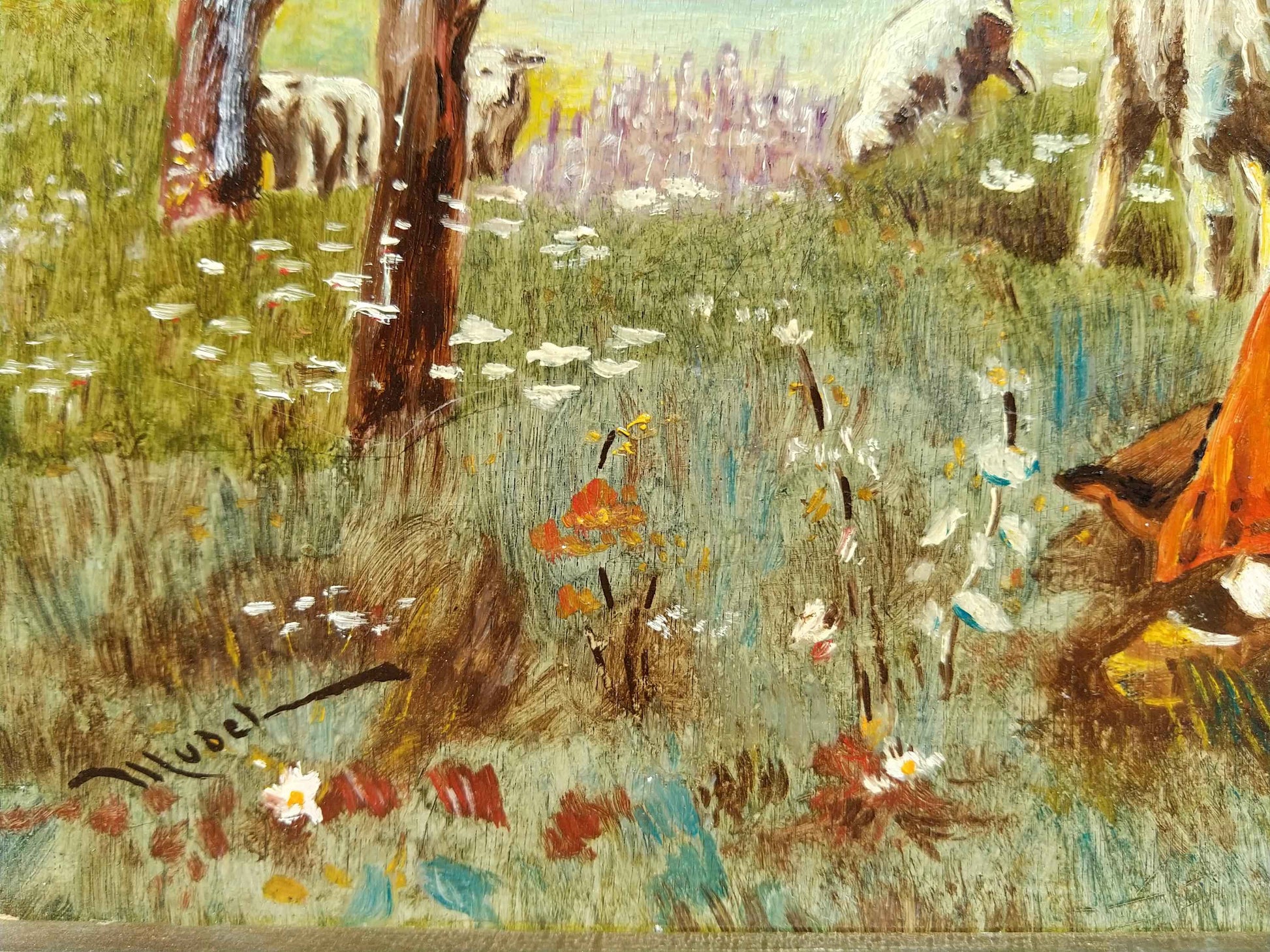 Peinture à l'huile MUDEL 1940, œuvre vintage de bergère et moutons