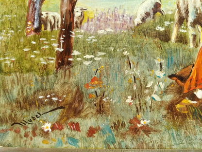 Peinture à l'huile MUDEL 1940, œuvre vintage de bergère et moutons