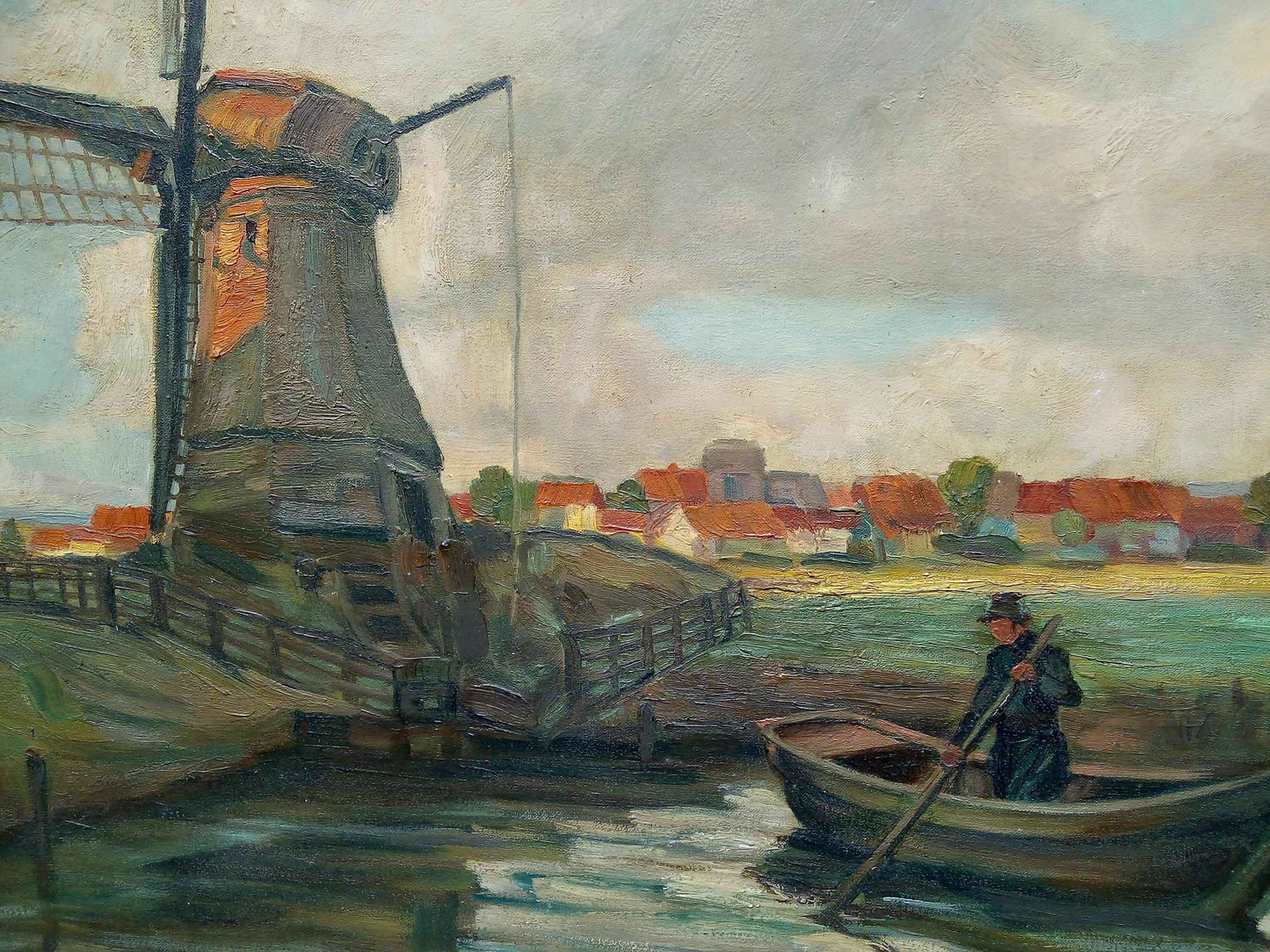 Peinture à l'huile Moulin Flamand et pêcheur début 20ème avec cadre d'époque élégant