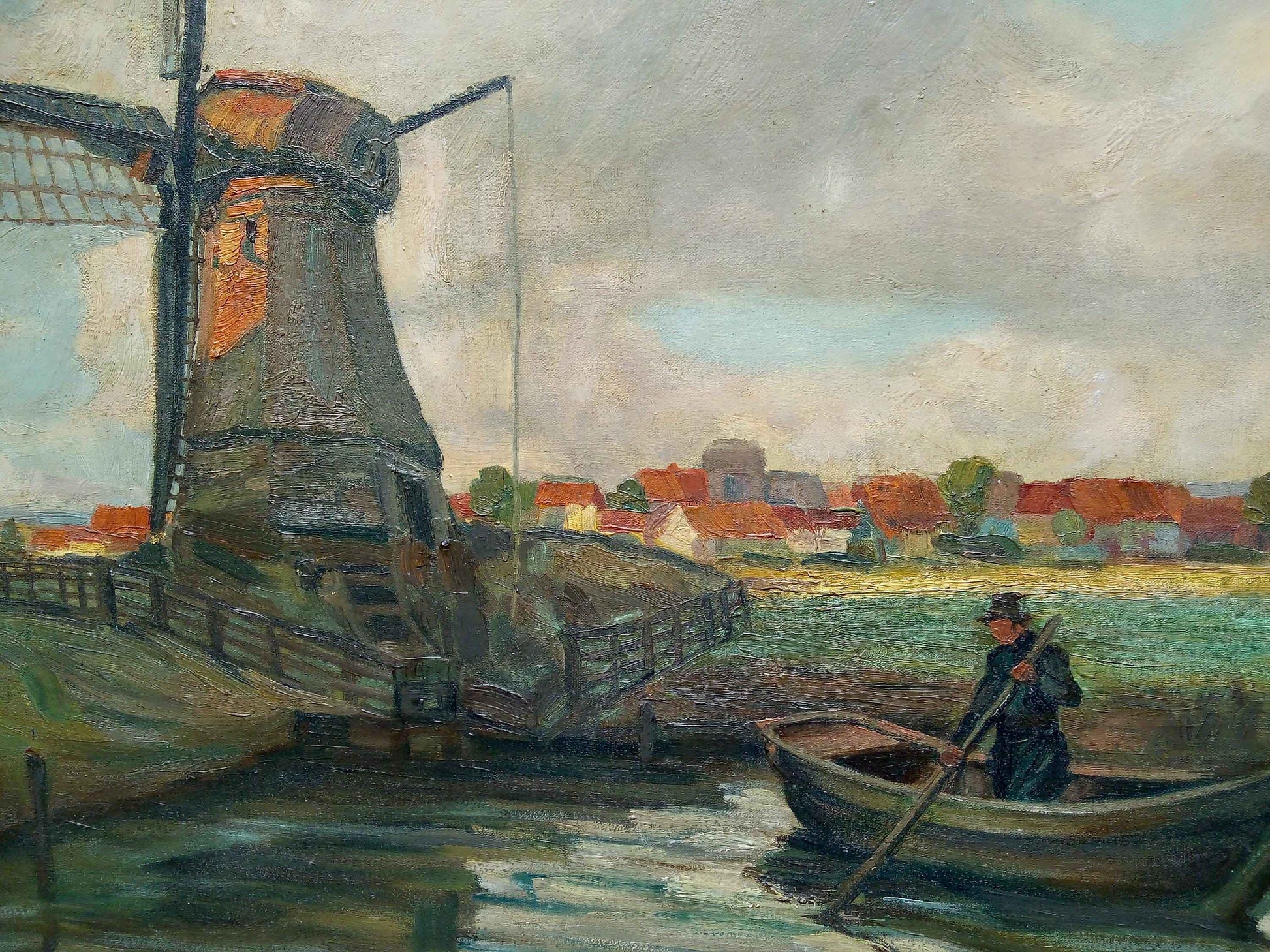 Peinture à l'huile Moulin Flamand et pêcheur début 20ème avec cadre d'époque élégant