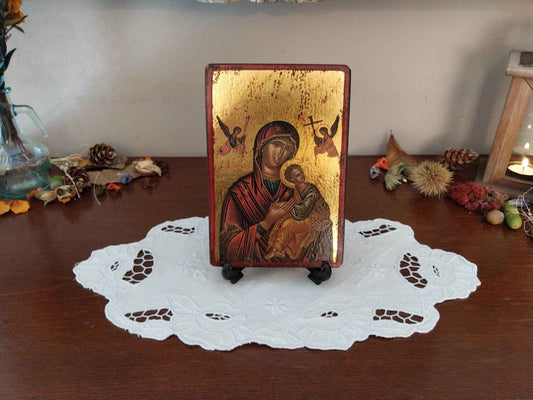 Icône byzantine dorée Sainte Vierge Marie et l'Enfant Jésus, faite à la main en feuille d'or