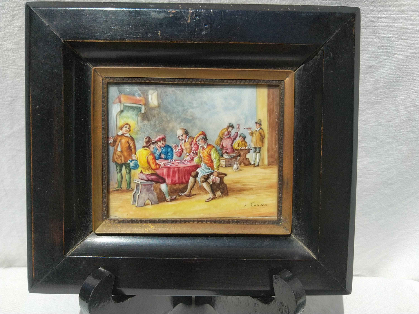 Peinture à l'huile miniature 17ème siècle signée Les joueurs de cartes, qualité exceptionnelle et rare