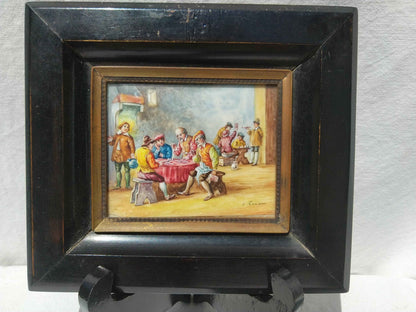 Peinture à l'huile miniature 17ème siècle signée Les joueurs de cartes, qualité exceptionnelle et rare