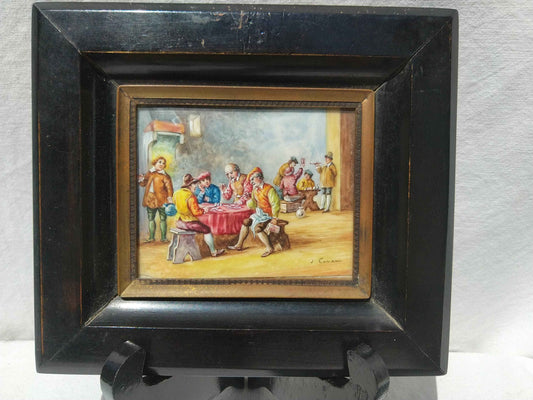Peinture à l'huile miniature 17ème siècle signée Les joueurs de cartes, qualité exceptionnelle et rare