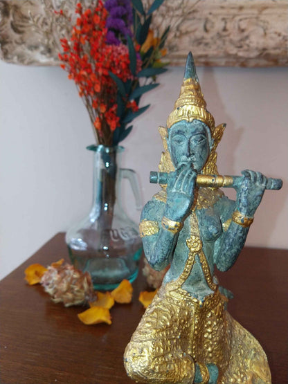 Statue de Prince Pra Apai Manee en bronze véritable avec patine verte antique