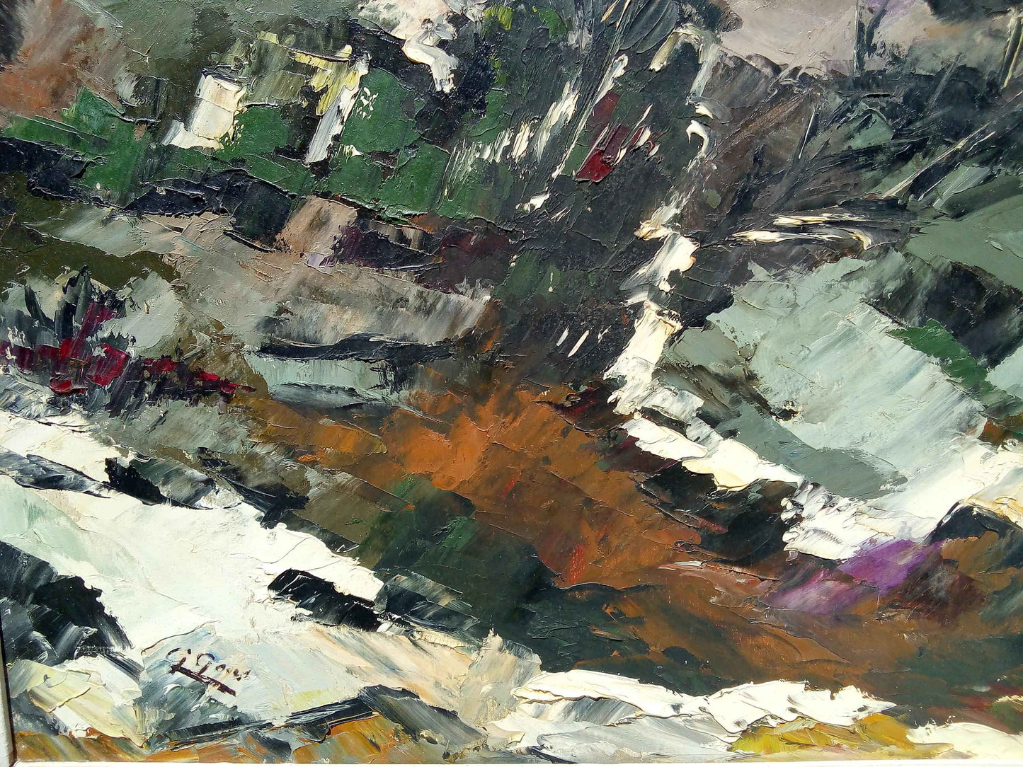 Peinture à l'huile G. GOAS paysage neige, tableau d'artiste français des années 1950