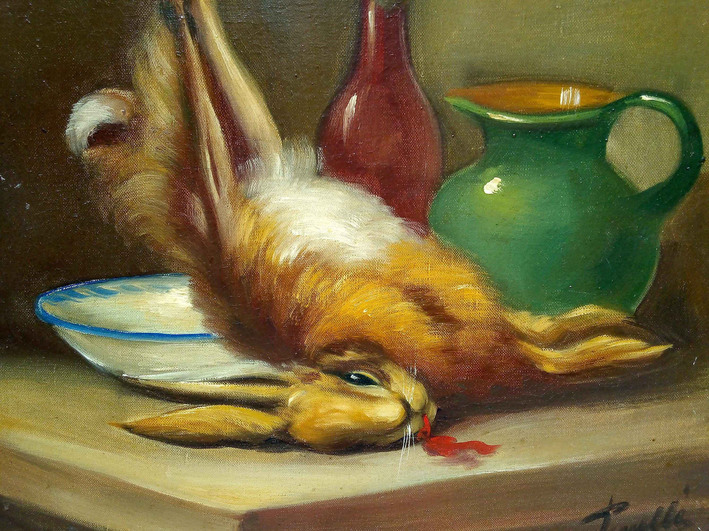 Peinture à l'huile 19ème siècle lapin avec toile signée PIRRELLI et cadre doré élégant