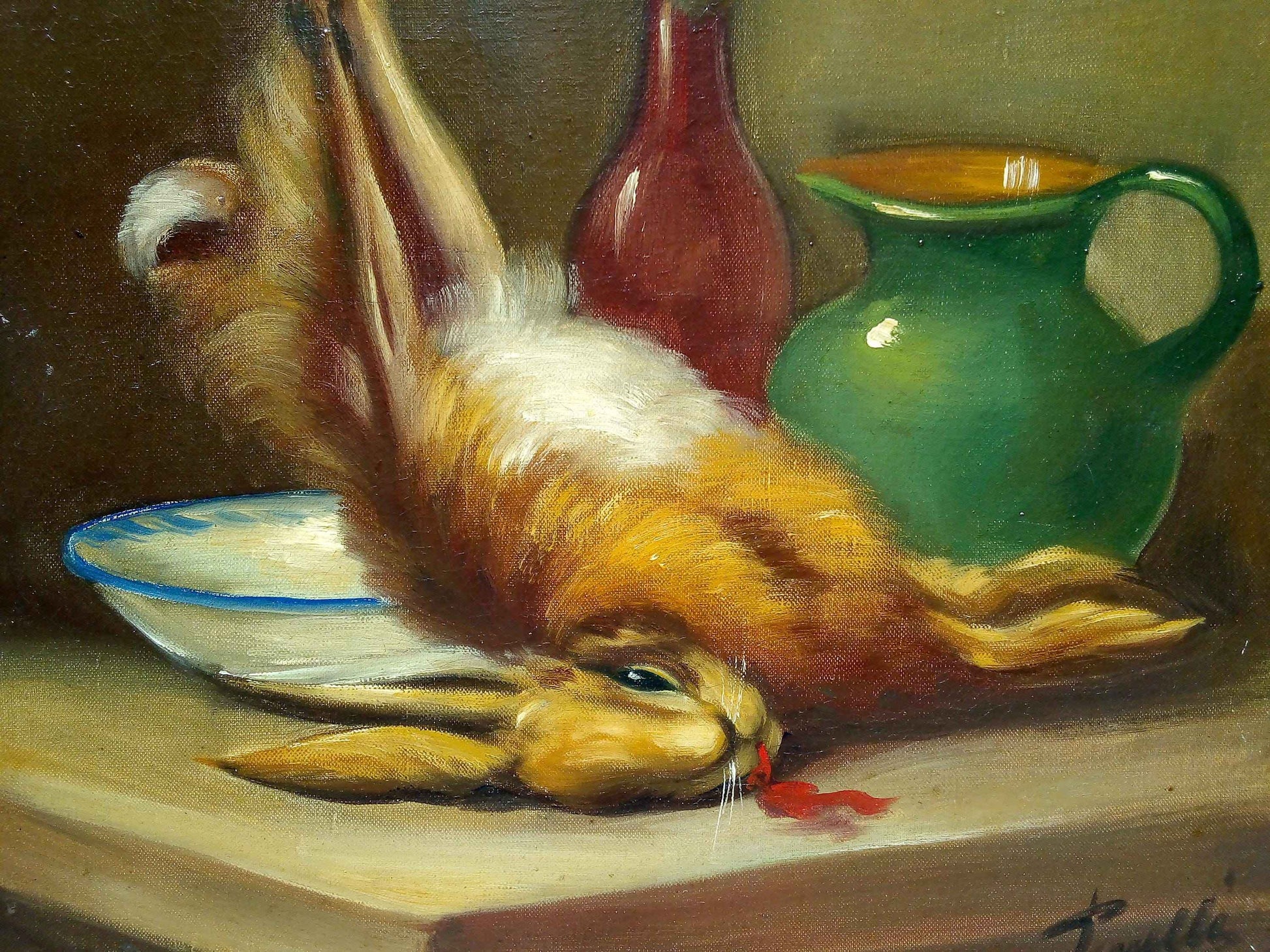 Peinture à l'huile 19ème siècle lapin avec toile signée PIRRELLI et cadre doré élégant