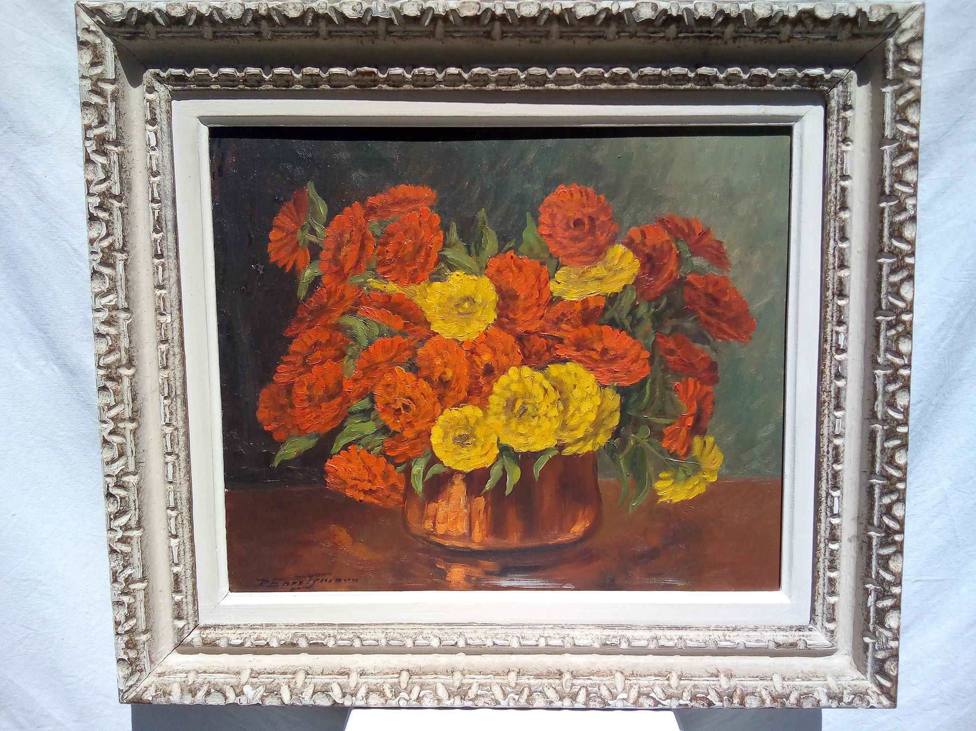 Peinture à l'huile fleurs Paul EHRETSMANN, bouquet vibrant années 1950 sur toile signée