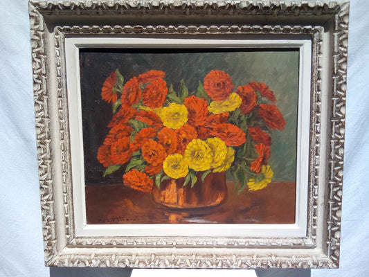 Peinture à l'huile fleurs Paul EHRETSMANN, bouquet vibrant années 1950 sur toile signée