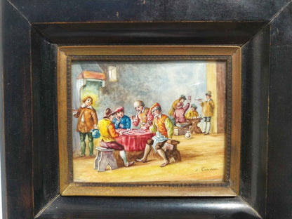 Peinture à l'huile miniature 17ème siècle signée Les joueurs de cartes, qualité exceptionnelle et rare