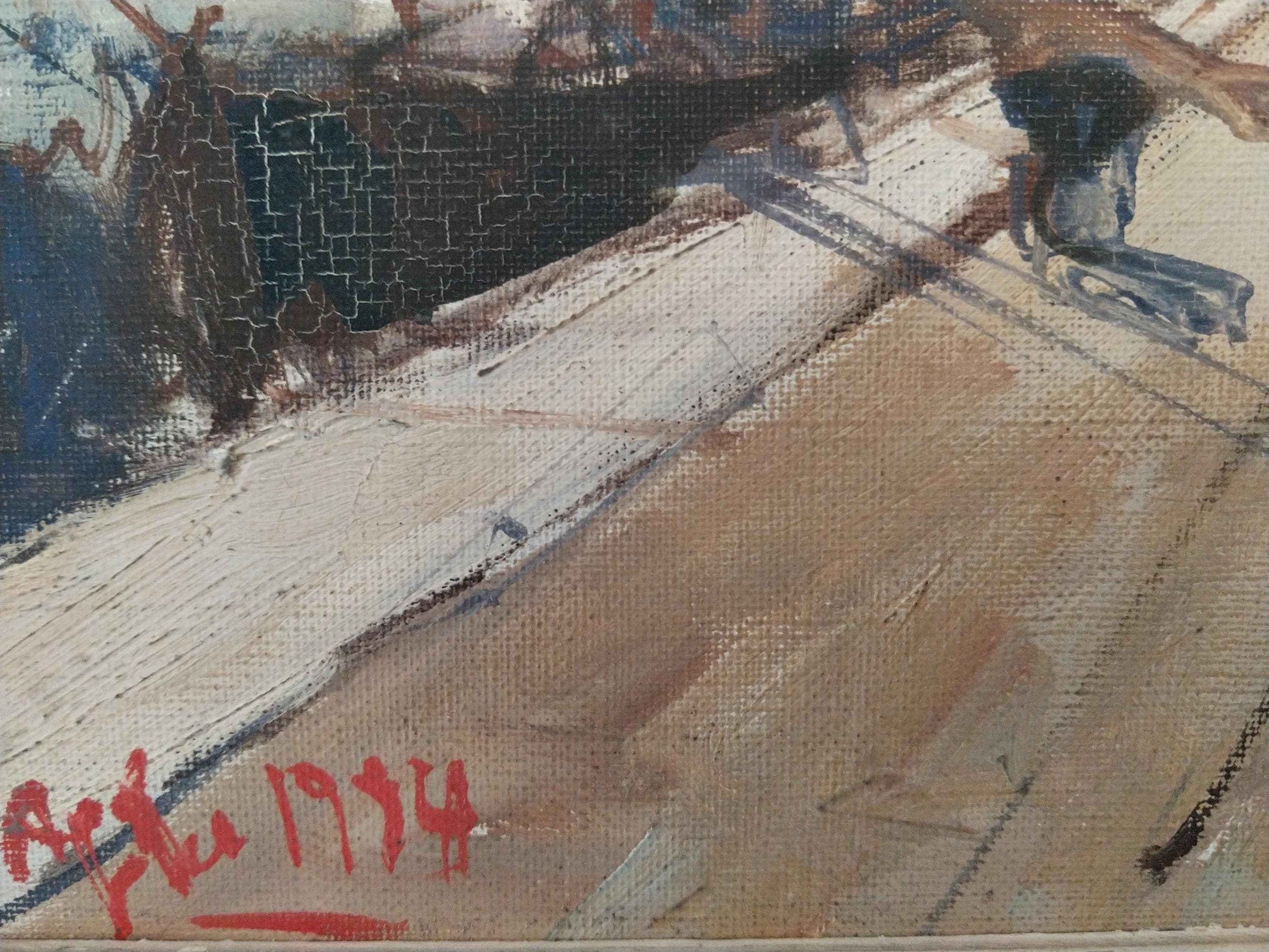 Peinture à l'huile signée AGDE La Balade au Port, unique, 1954