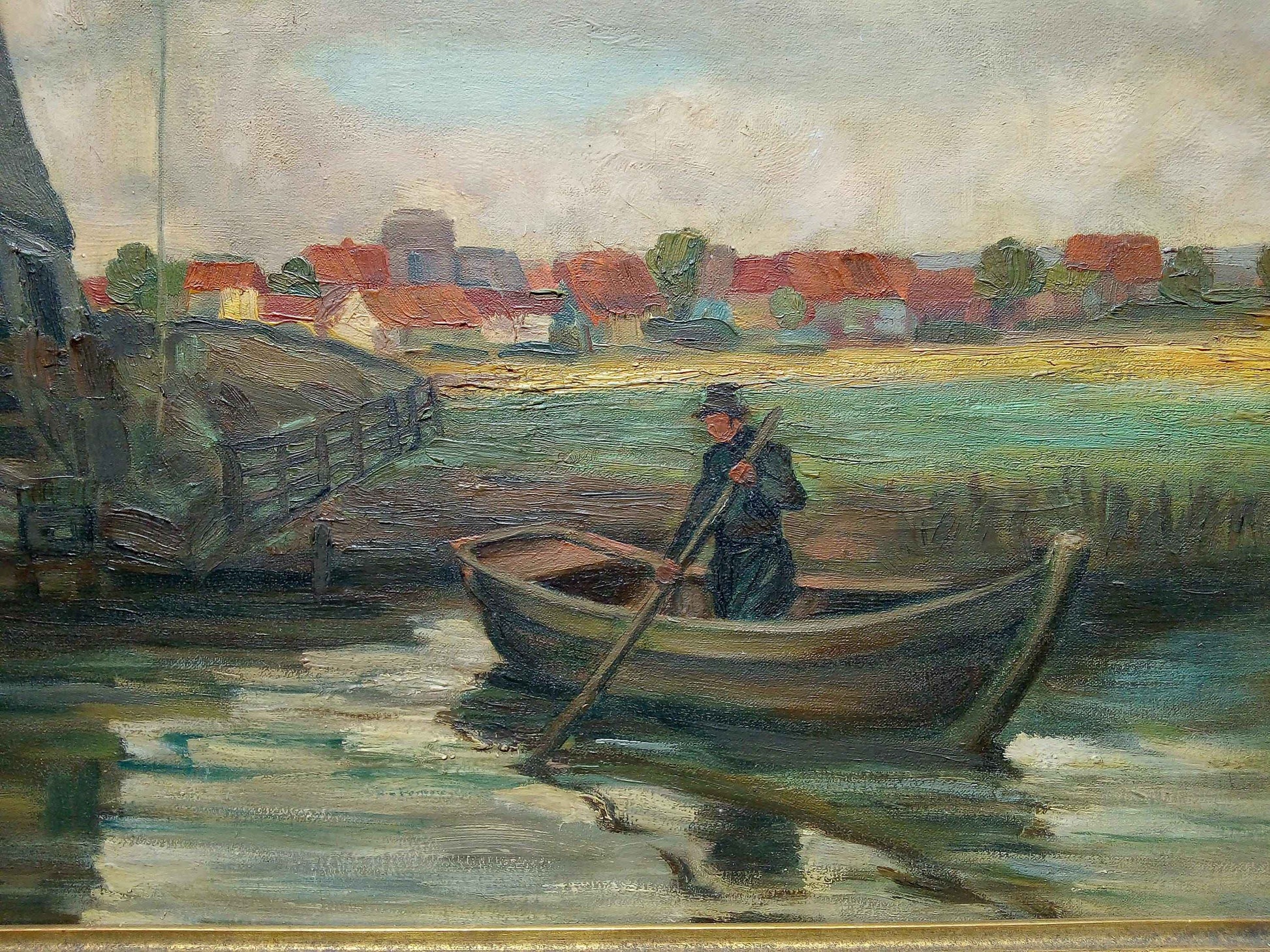 Peinture à l'huile Moulin Flamand et pêcheur début 20ème avec cadre d'époque élégant