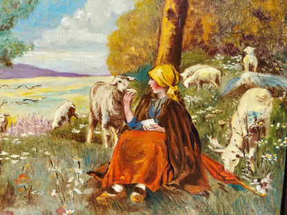 Peinture à l'huile MUDEL 1940, œuvre vintage de bergère et moutons