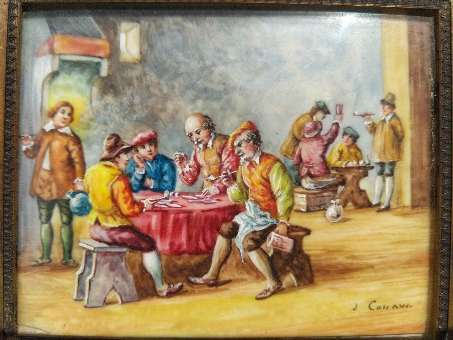 Peinture à l'huile miniature 17ème siècle signée Les joueurs de cartes, qualité exceptionnelle et rare