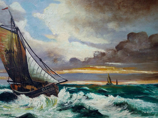 Peinture à l'huile régate marine J.HOBOOET - Œuvre hollandaise encadrée du milieu 20ème siècle