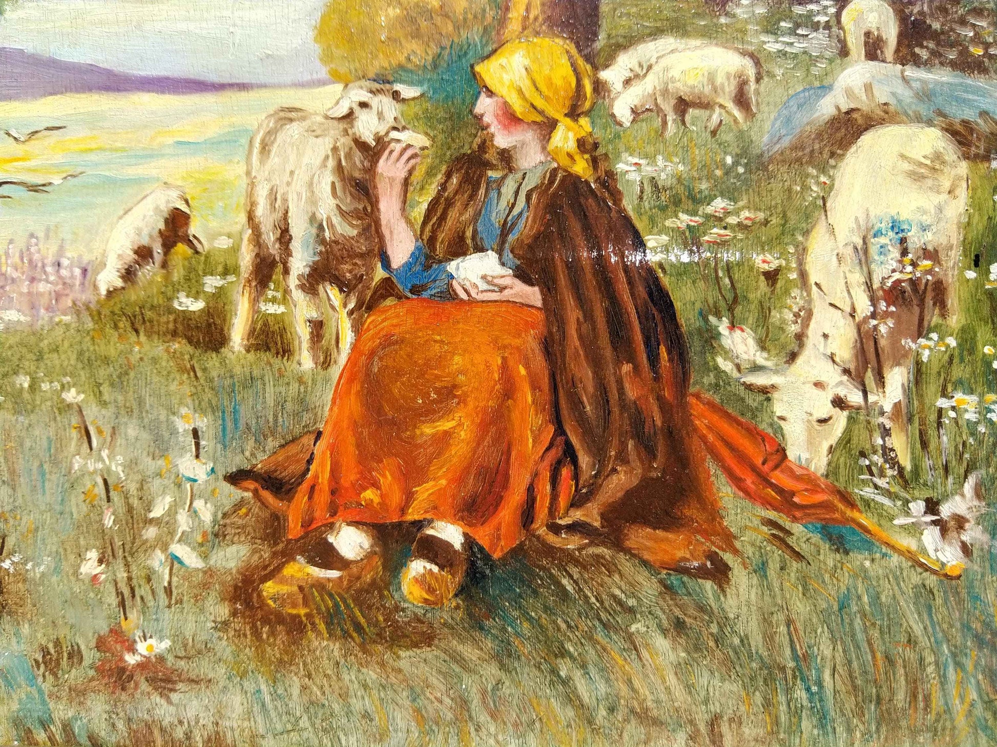 Peinture à l'huile MUDEL 1940, œuvre vintage de bergère et moutons