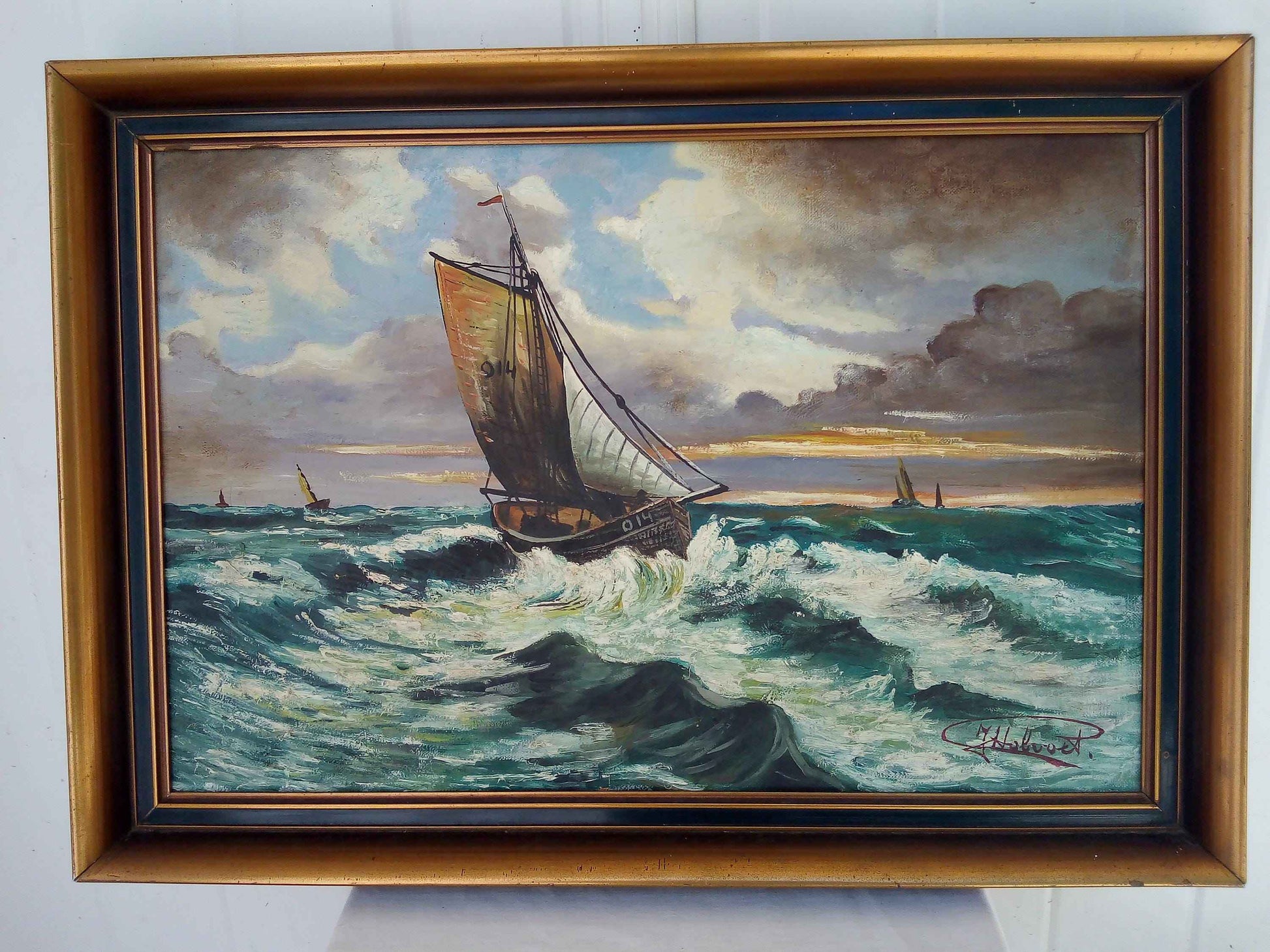 Peinture à l'huile régate marine J.HOBOOET - Œuvre hollandaise encadrée du milieu 20ème siècle