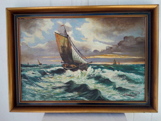 Peinture à l'huile régate marine J.HOBOOET - Œuvre hollandaise encadrée du milieu 20ème siècle