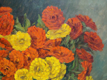 Peinture à l'huile fleurs Paul EHRETSMANN, bouquet vibrant années 1950 sur toile signée