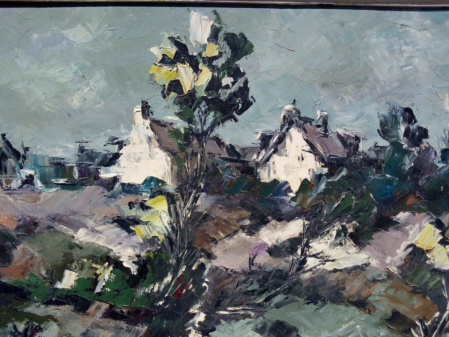 Peinture à l'huile G. GOAS paysage neige, tableau d'artiste français des années 1950