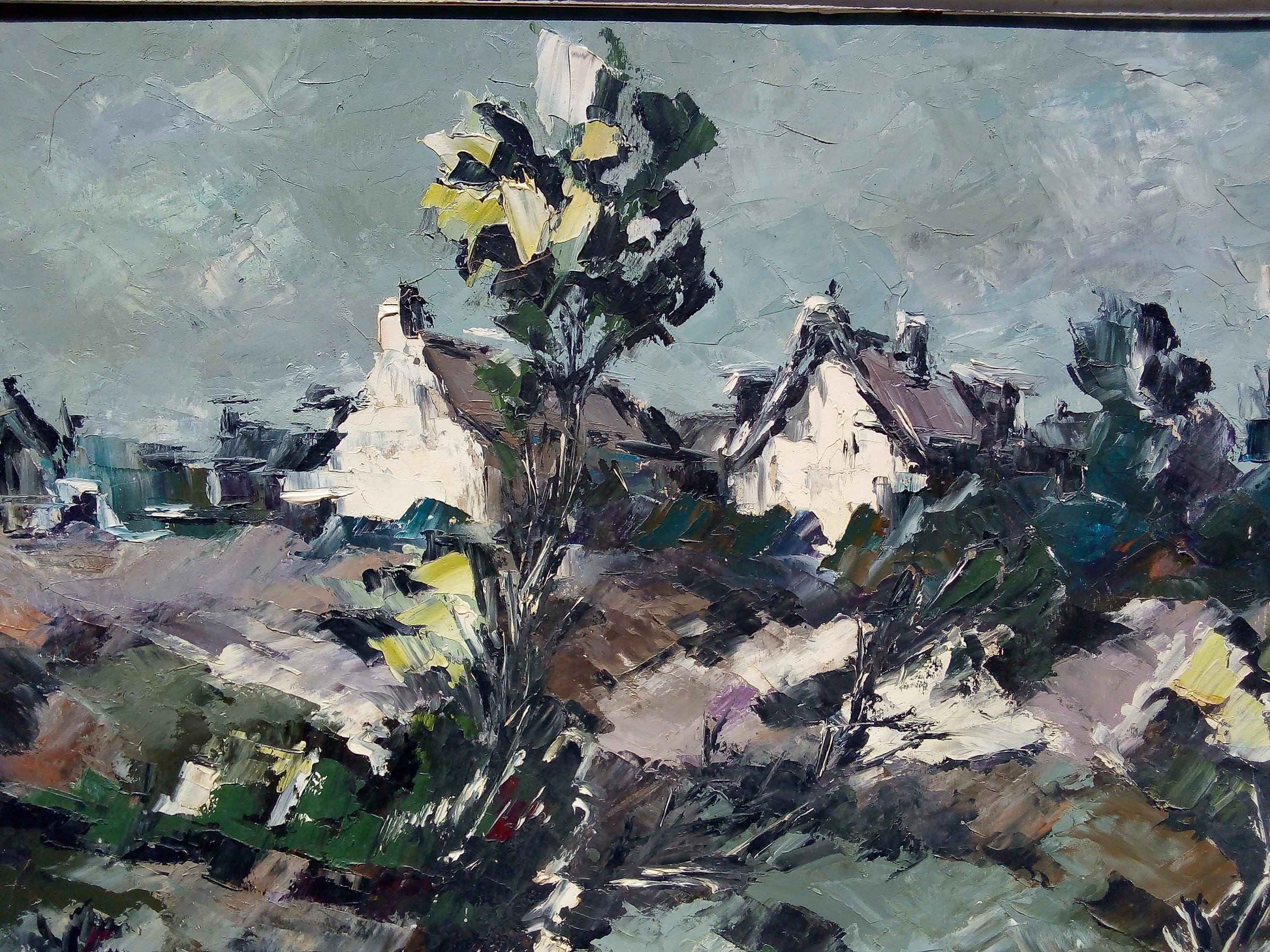 Peinture à l'huile G. GOAS paysage neige, tableau d'artiste français des années 1950
