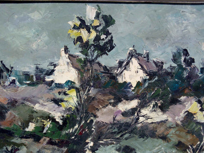 Peinture à l'huile G. GOAS paysage neige, tableau d'artiste français des années 1950