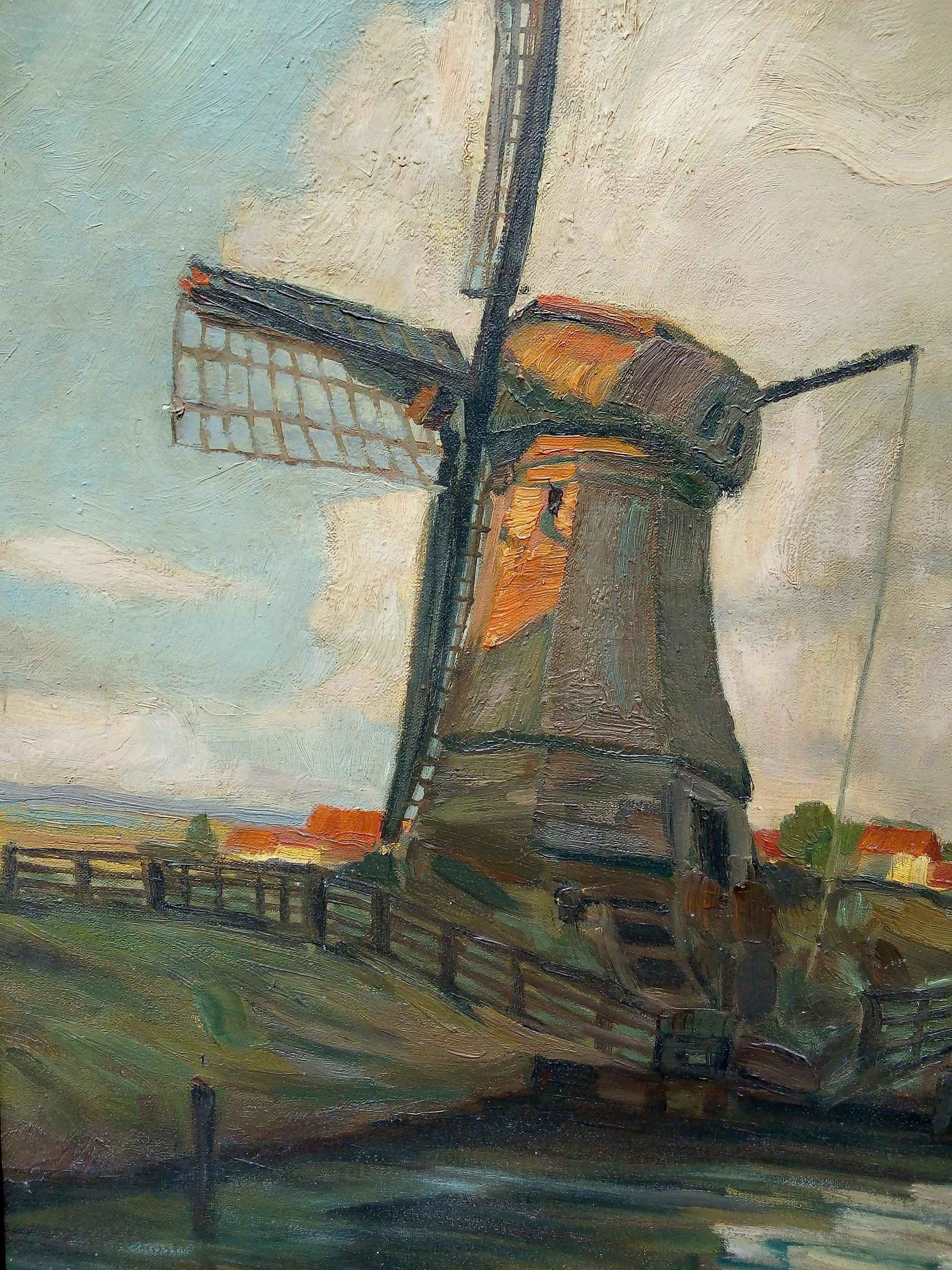 Peinture à l'huile Moulin Flamand et pêcheur début 20ème avec cadre d'époque élégant