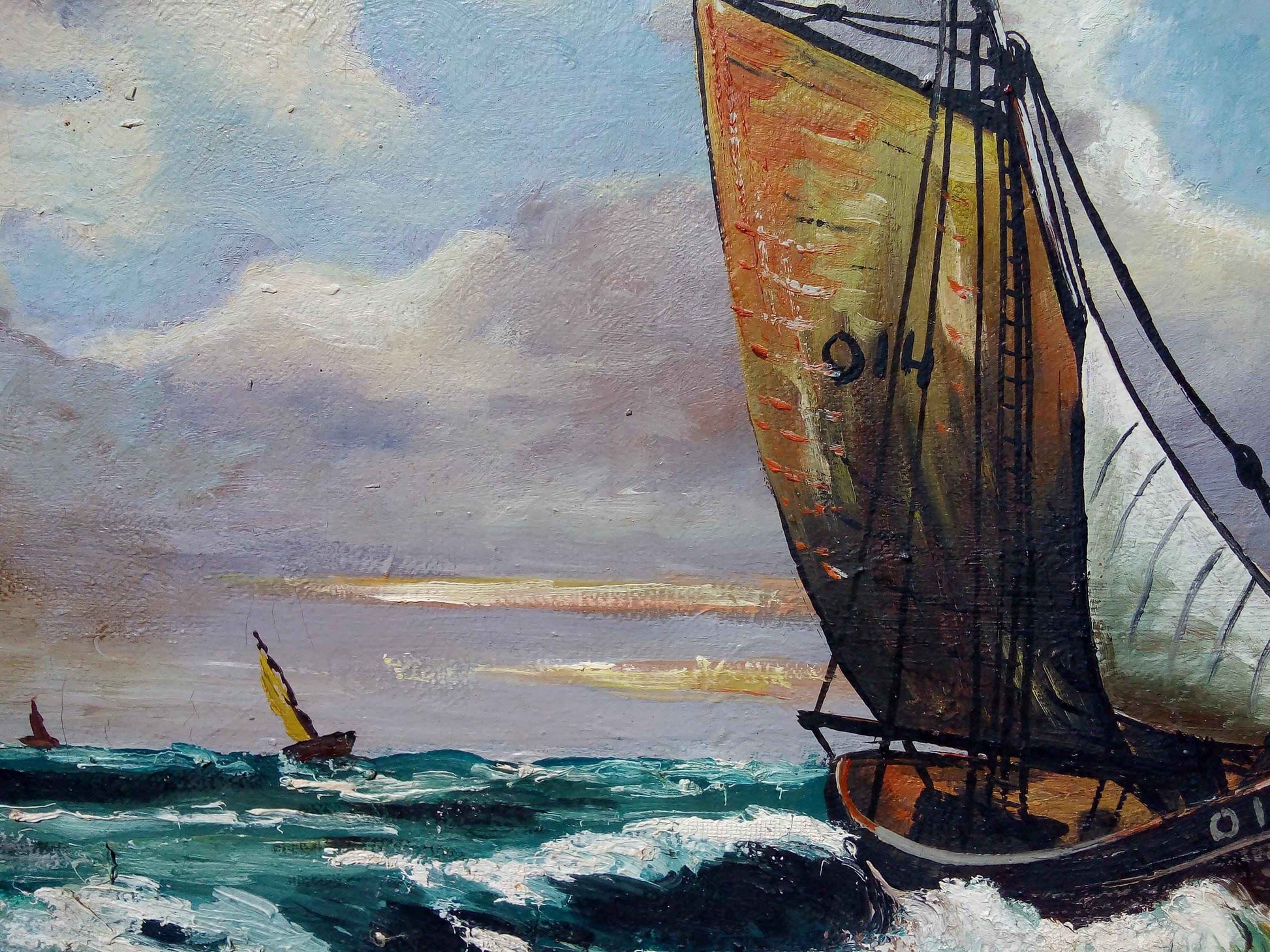 Peinture à l'huile régate marine J.HOBOOET - Œuvre hollandaise encadrée du milieu 20ème siècle
