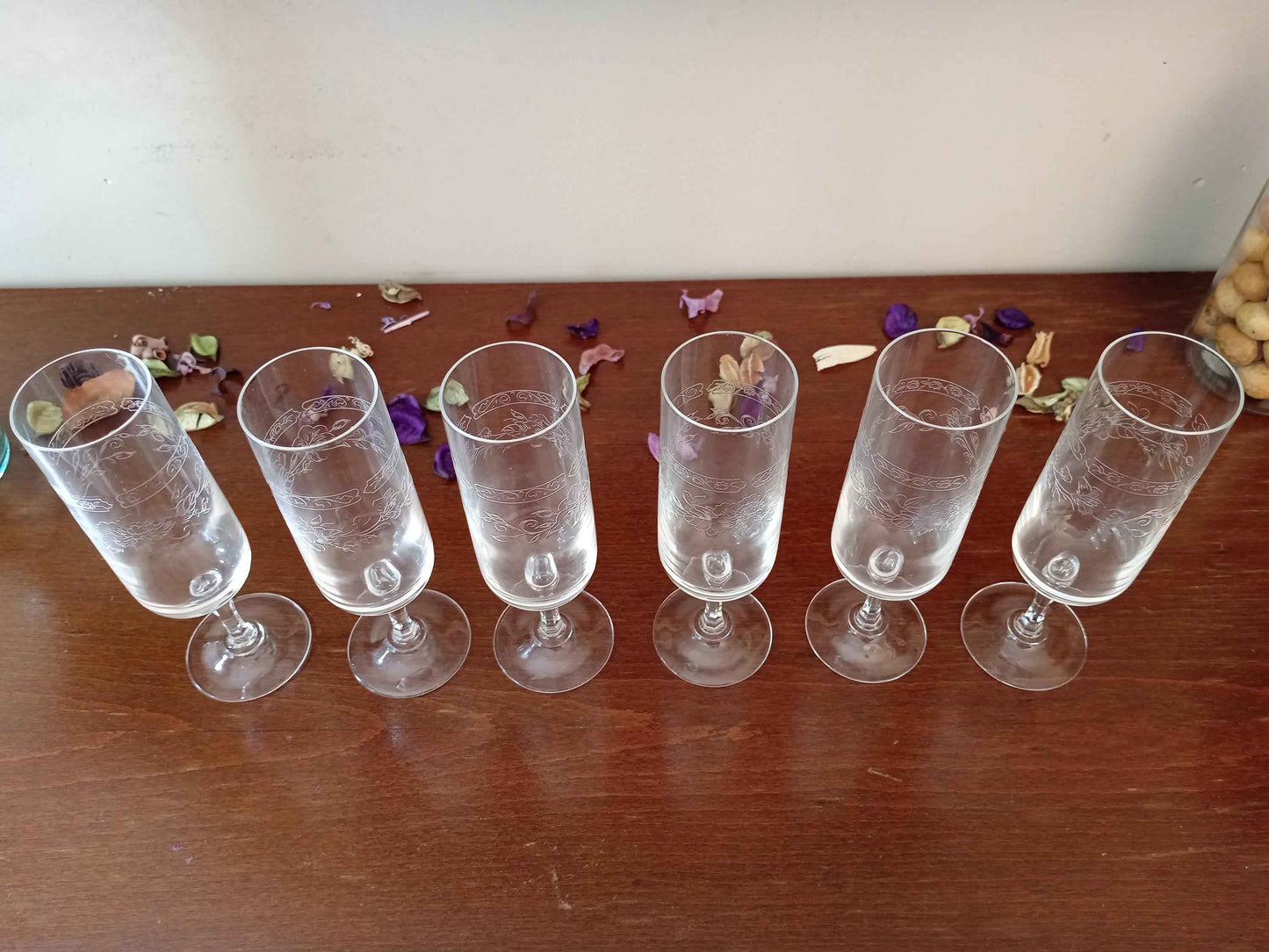 Flûtes à champagne gravées cristal d'Arques Matignon années 70 - Ensemble de 6 pièces