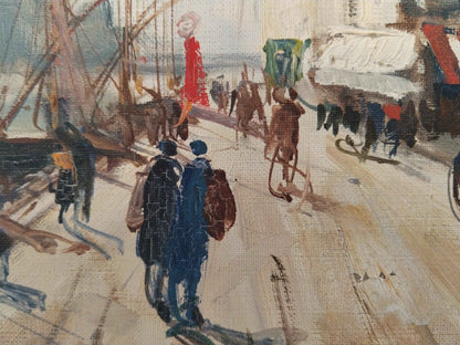 Peinture à l'huile signée AGDE La Balade au Port, unique, 1954
