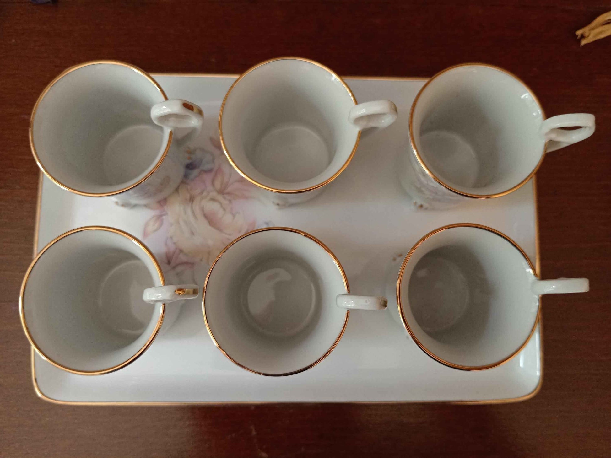 6 tasses en porcelaine de Limoges avec plateau, filet peint à la main - Ensemble élégant pour café ou thé