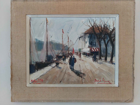 Peinture à l'huile signée AGDE La Balade au Port, unique, 1954